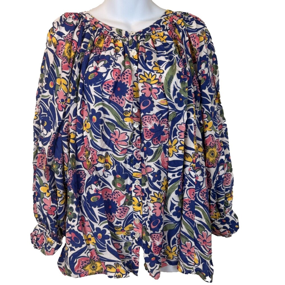 Roller Rabbit Blue Floral Tunic Top XL Cotton Button Down Boho Coastal Blouse